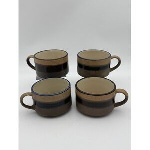Stonecrest Splendora Lafayette Stoneware Mugs Set of 4 Brown Blue Korea Vintage